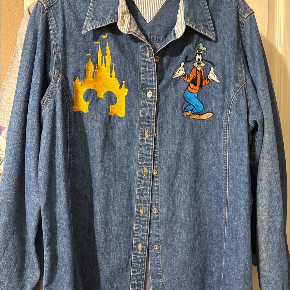 Denim Shirt with Disney Castle and Goofy Embroidery